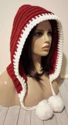 womans handmade crochet pixie hood hat scoodie winter red USA new