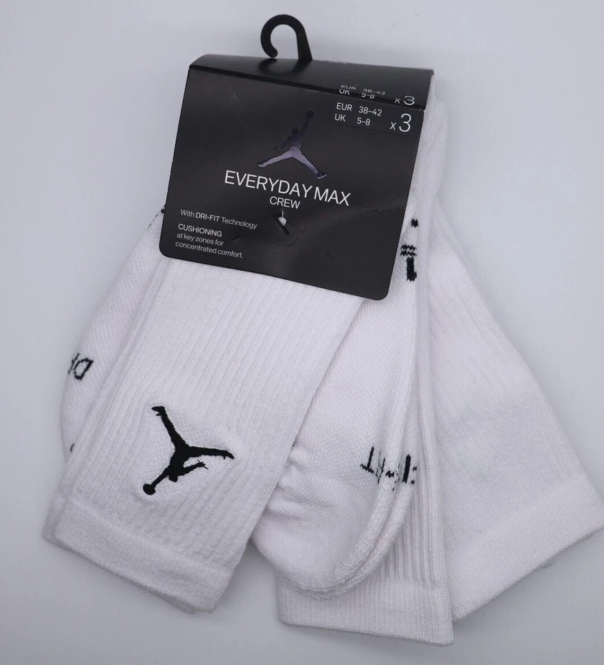 NIKE JORDAN MAX EVERYDAY CREW CUSHIONED SOCKS 3PACK WHITE SX5545-100 UK2-5 - Image 3 of 4