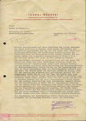 Augsburg, letter 1940, ''AURA'' - Weaving GmbH