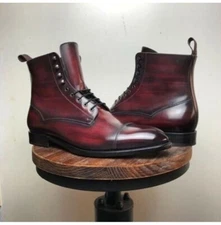 New Shaded Burgundy Leather Formal Lace Up Ankle Dress Boots For Mens