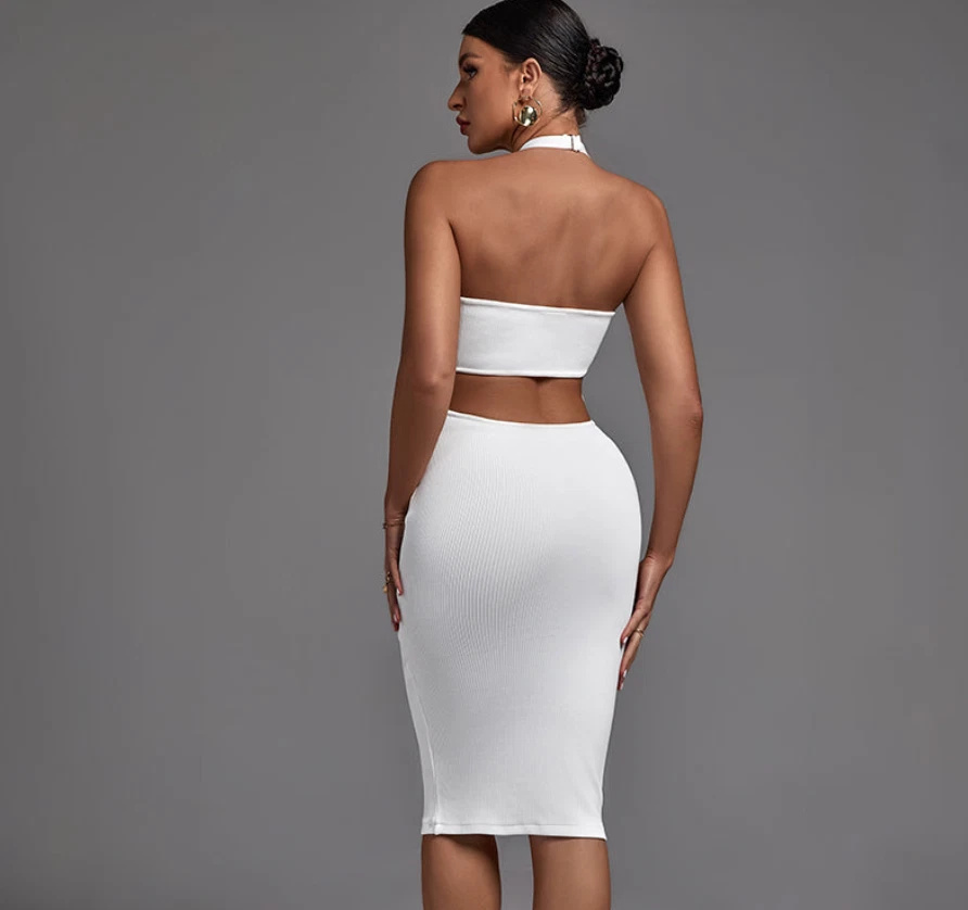 NWT White Halter Sleeveless Striped Midi Bandage Dress XS