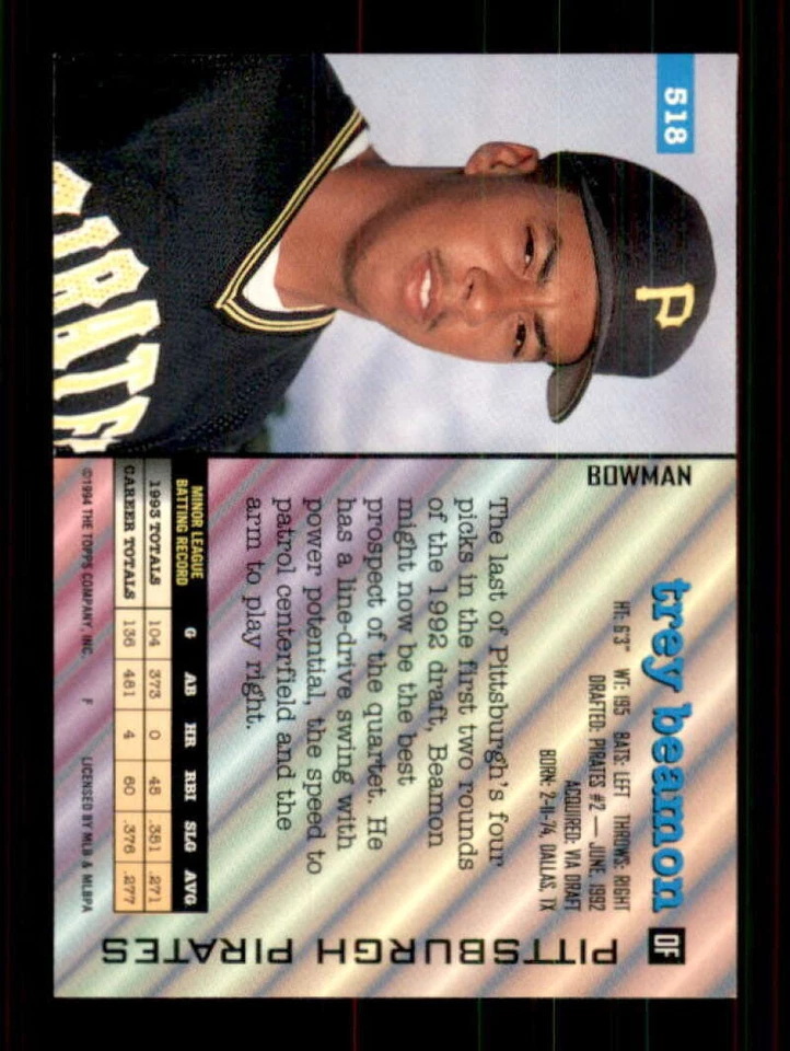 1994 Bowman #518 Trey Beamon AUTOGRAPHED!!! Pirates 236834 - Image 2 of 2