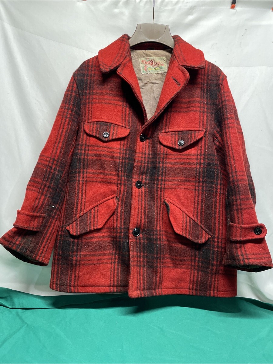 Vintage Soo Woolen Mills Wool Hunting Coat Mackinaw Red Plaid