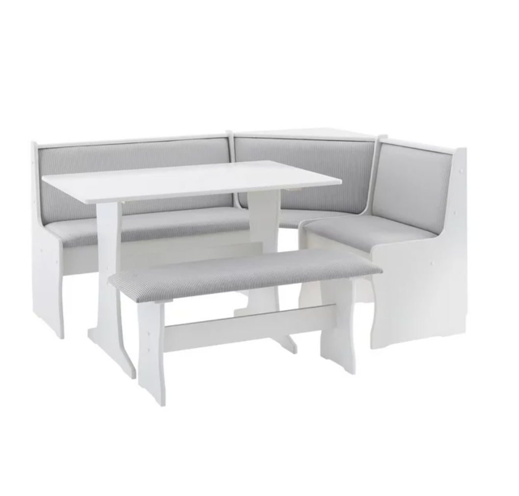 White Gray 3 pc Wood Breakfast Nook Dining Set Corner Booth Bench