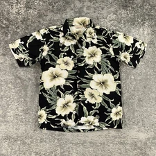 Sunny Island Hawaiian Shirt Mens Medium M Black Floral All Over Print USA Rayon