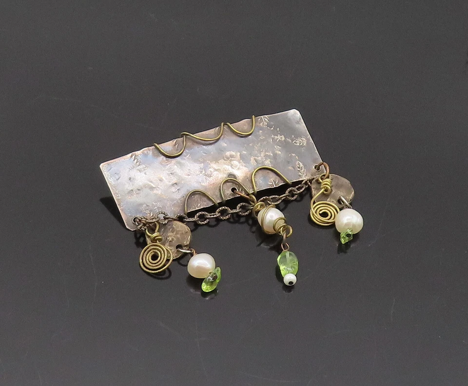 925 Sterling Silver Vintage Brooch Pin Handmake Dangling Pearls Peridot BP10584 - Image 2 of 4