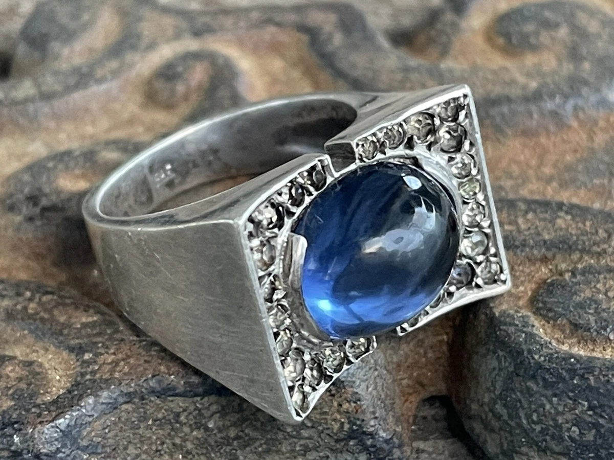 Vintage Sterling Silver Chunky Ring With Clear Blue Stone SIZE 7