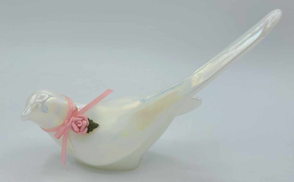 Vtg Fenton White Iridescent Bird of Happiness /w Porcelain Flower