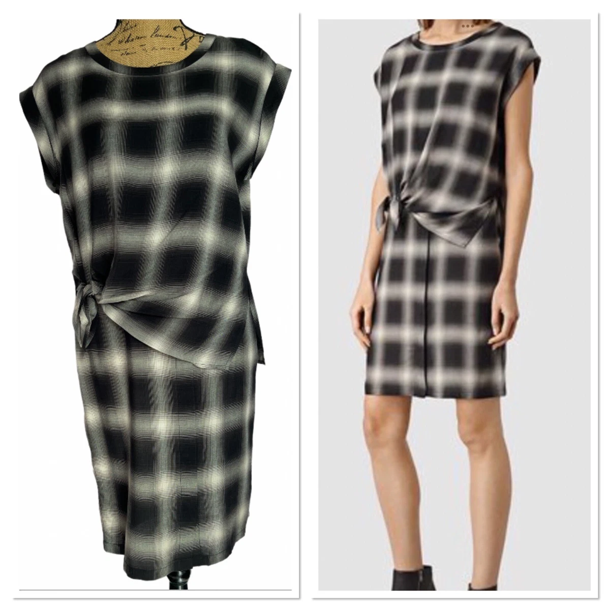All Saints Black White Heny Check Relaxed Fit Dress Uk6 NWOT PB29