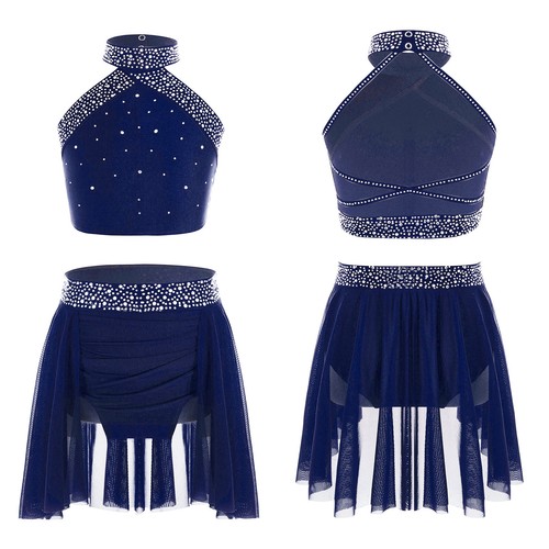 UK Girls Lyrical Dance Costume 2 Pc Halter Backless Crop Top with Skirt Outfit - Picture 22 of 105
