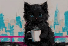 ACEO Mini *Art Print* Black Cat Baby Kitten White Coffee Cup Big City - Saulite