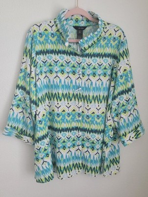 Ali Miles Linen Blend Ikat Print Button Up Tunic Top Blue Lime Green Sz 1X Beach
