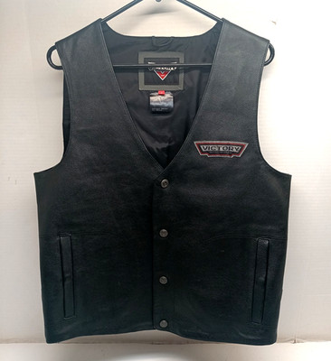 Victory Motorcycles Embroidered Logos Black Leather Biker Vest SZ MED EUC