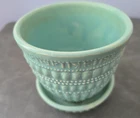 Vtg McCoy Light Aqua Beaded Banded Planter w/ attached Saucer 4” H