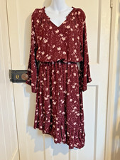 Hatley Burgundy Floral Midi Dress Size L Boho Long Sleeve Casual Day Wear