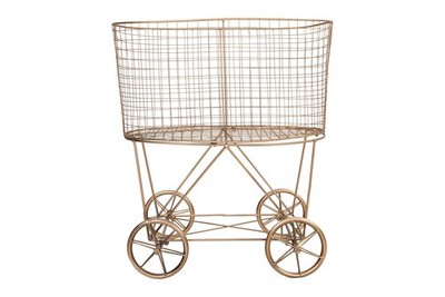 Vintage Reproduction Decorative Metal Laundry Basket on Wheels, Copper