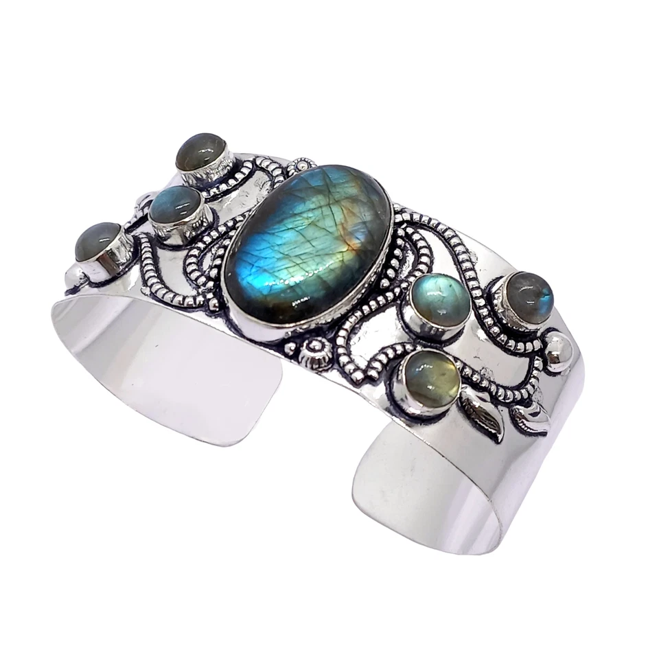 925 Sterling Silver Natural Labradorite Gemstone Jewelry Handmade Cuff Bracelet - Image 2 of 3