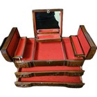 Large Antique Wood Carved Oriental Design Jewelry Chest Box Multiple Compartment