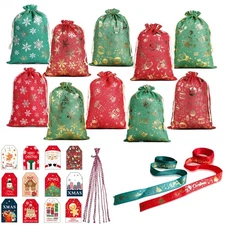 Gold Foil Print Burlap Christmas Gift Bags with Drawstring Closure - Set of 1...