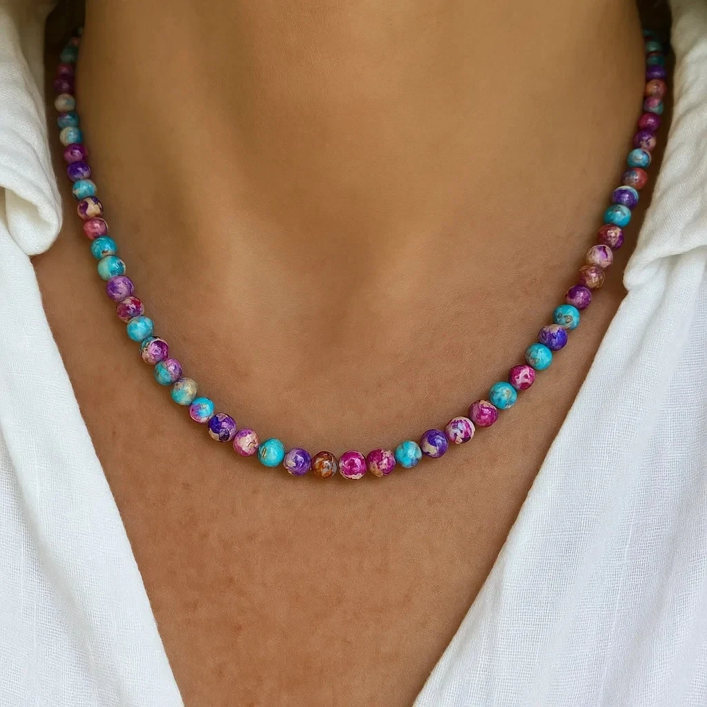 Collana Donna In Diaspro Picture Stone Con Pendente Steer – Gioiello Artigianale 6-8mm