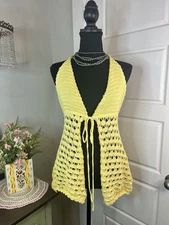 Musera Yellow Crochet Open Front Y2k Style Boho Hippie Halter Top Sz L Coastal