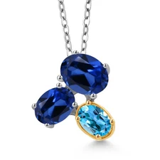 925 Silver and 10K Yellow Gold Created Sapphire and Swiss Blue Topaz Pendant