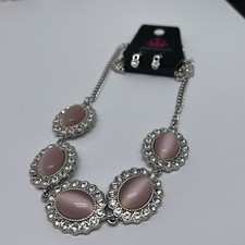 NEW Paparazzi Silver Tone Rhinestone Pink Moon Glow Necklace  Earring Set