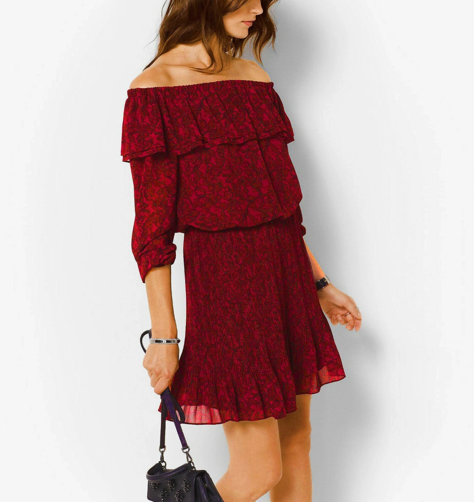 Abito NUOVO MICHAEL KORS donna rosso stampato senza spalle pieghe XS S M L $155