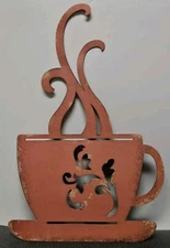 Vtg Metal Art Coffee Tea Cup Picture Sign 12½" Tall Farmhouse Wall Decor Orange