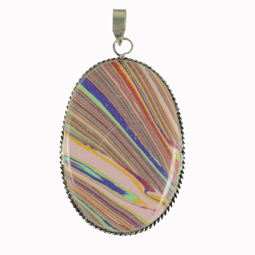 Pendentif En Calcite Arc-en-ciel Et Argent 925 - 18 Carats - Provenance Mexique