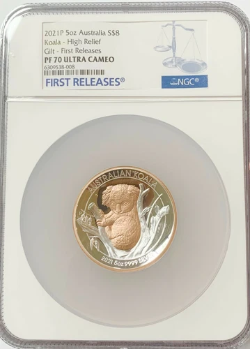 Gilded Koala Proof High Relief 2021 Australia 5oz Silver Coin NGC 70 UC FR