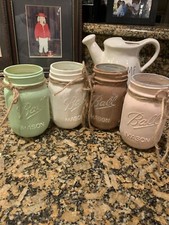 Juego de 4 frascos de vidrio pint Mouth Mason pintados a mano decoración boho aspecto desgastado lindo