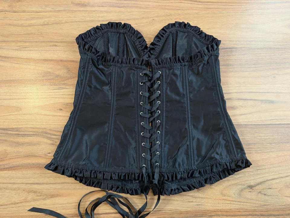 Victoria's Secret Lace Up Black Satin Ruffle Corset Bra Large L Bone In  B2 - Image 3 of 4