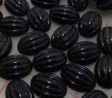 72 vintage glass corrugated oval cabochons jet black 14mm x 10mm flat back