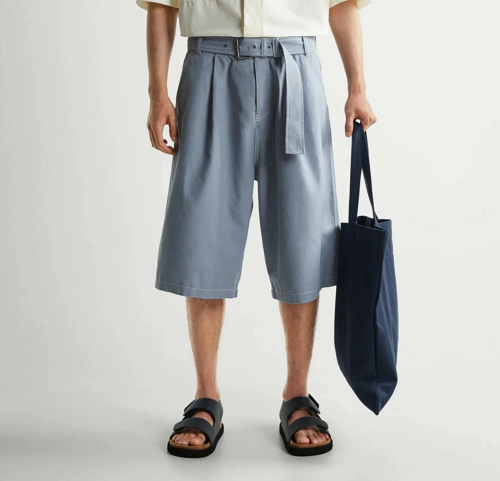 Men's ZARA LIMITED EDITION Bermuda Shorts long linen 29 blue belt small S wide W