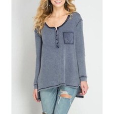 Long Sleeve Stone Washed Thermal Top Dark Blue Waffle She  Sky
