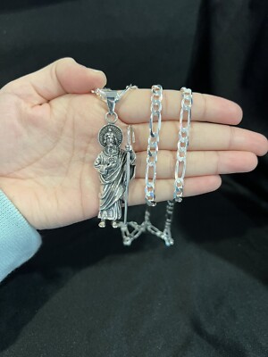 .925 Sterling Silber Herren GROSSER St Jude San Judas Anhänger & Figarokette 20 24 30