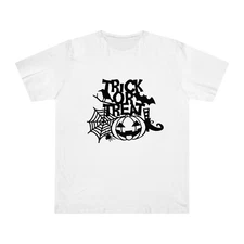 Trick or Treat Funny Pumpkin Halloween T-Shirt, Spider Web Horror Bat Unisex Top