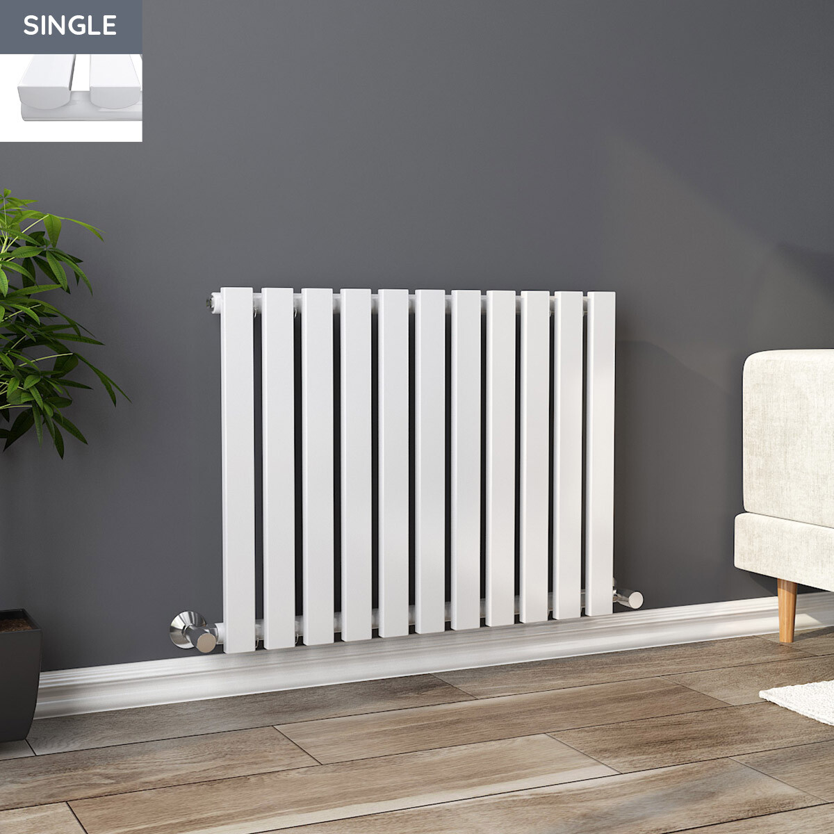 Horizontal Column Designer Radiator Rectangle Flat Panel Single White 600x760mm
