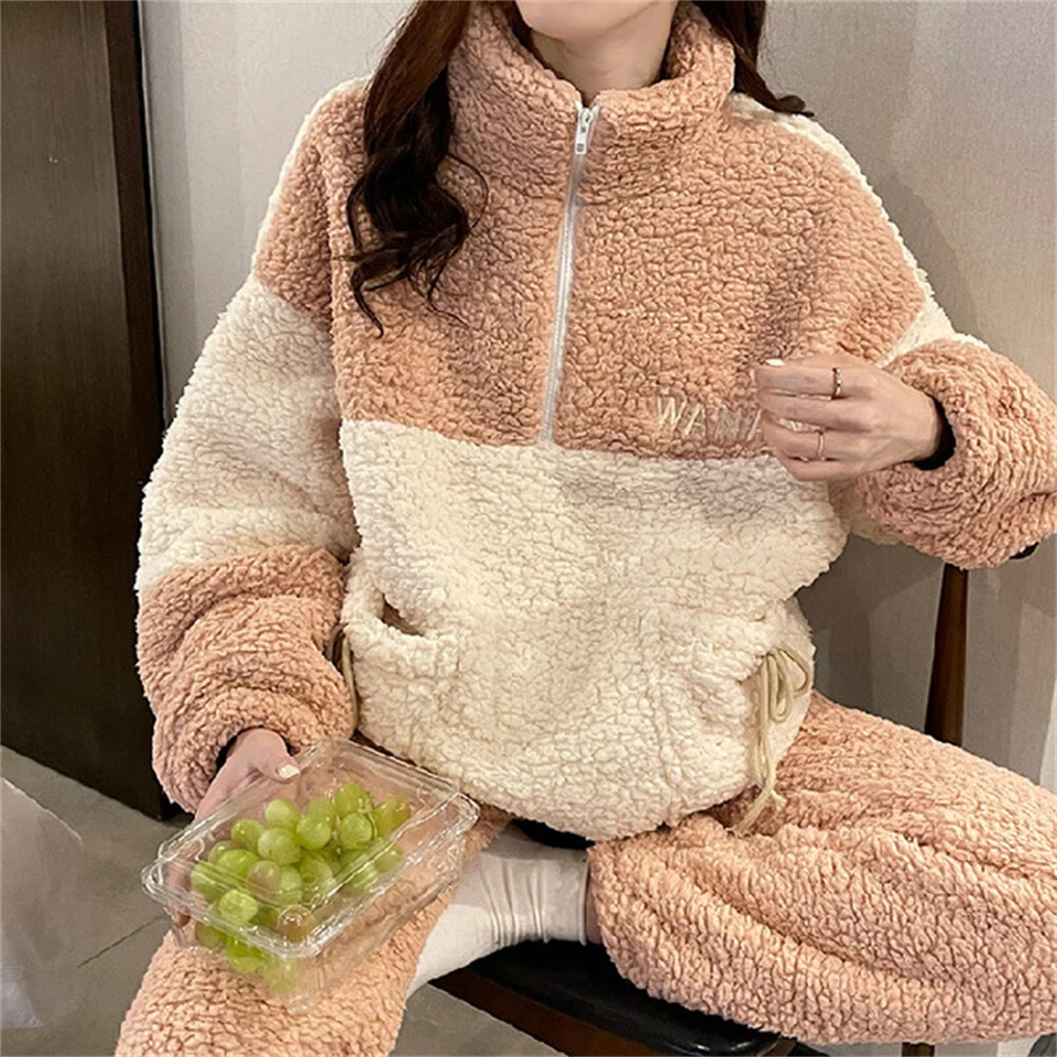 Damas Exterior Pijama Mujeres Grueso Cálido Suéter Cordero Terciopelo Ocio 2 PIEZAS Invierno Foto 3 de 4