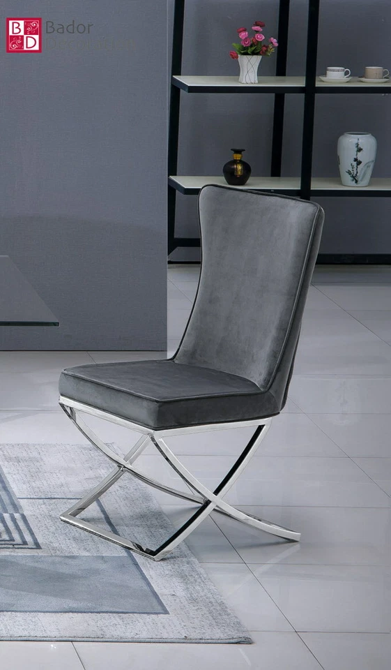 Chesterfield Stuhl Samt Hellgrau Silber Edelstahl Esszimmerstühle Polsterstuhl 