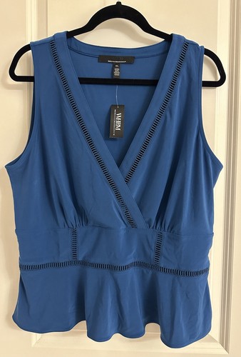 White House Black Market Size XL Matte Jersey Ladder Trim Peplum Top V-Neck Blue