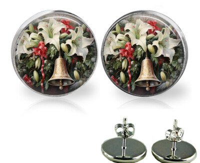Christmas Bells Flowers Snowy Evergreens Stud Earrings Holiday Jewelry 3 Sizes