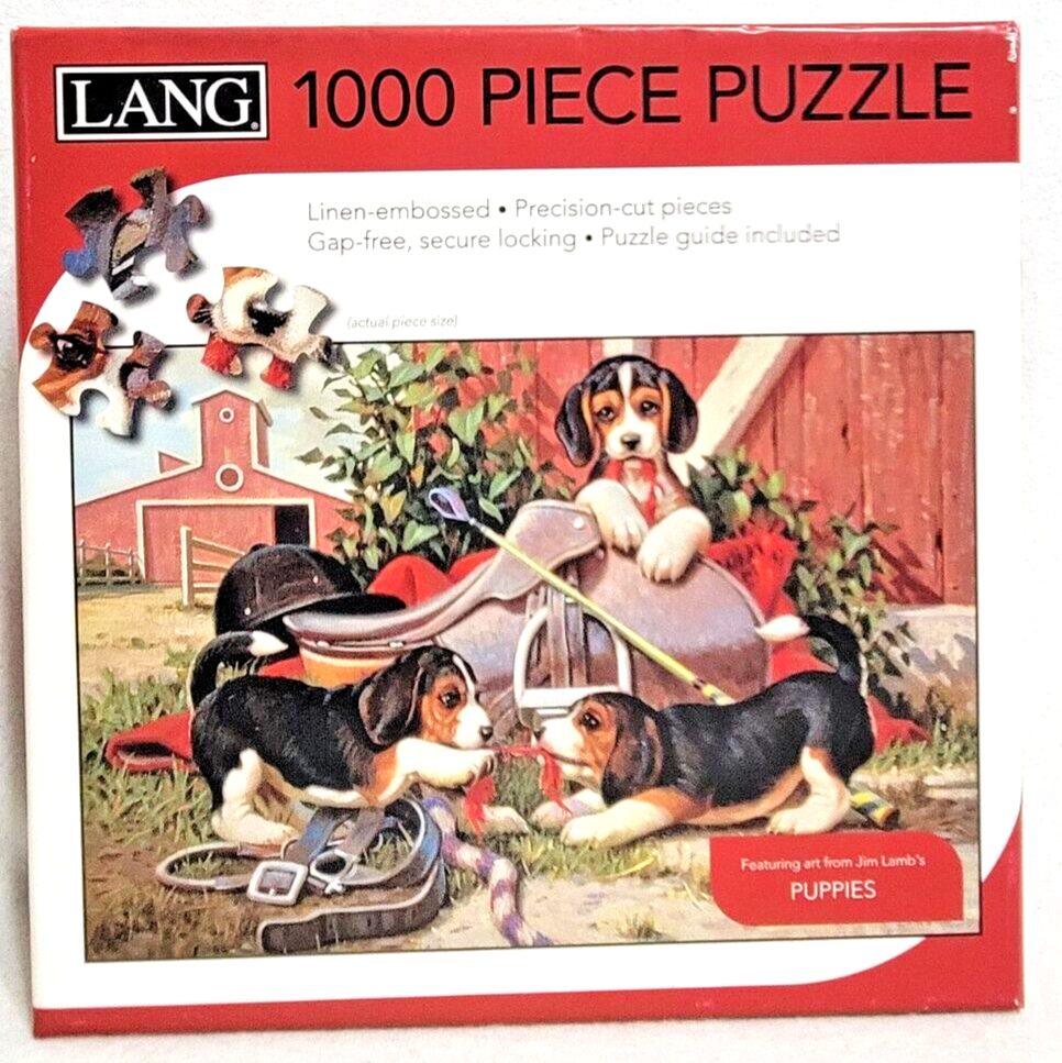 LANG  Saddling Up 1000 pc Jigsaw Puzzle Puppies by Jim Lamb 29