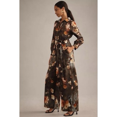 Anthropologie Ranna Gill Jumpsuit Floral Green Long Sleeve Wide Leg XS Boho
