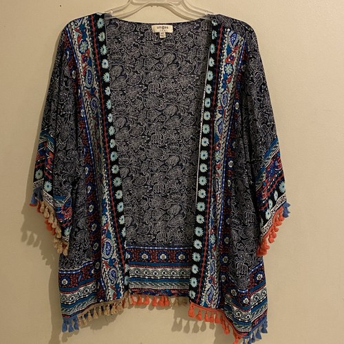 Umgee Size M/L Women’s Multicolor Ruffle Sleeve Open Front Flowy Kimono Tassels - Picture 3 of 9