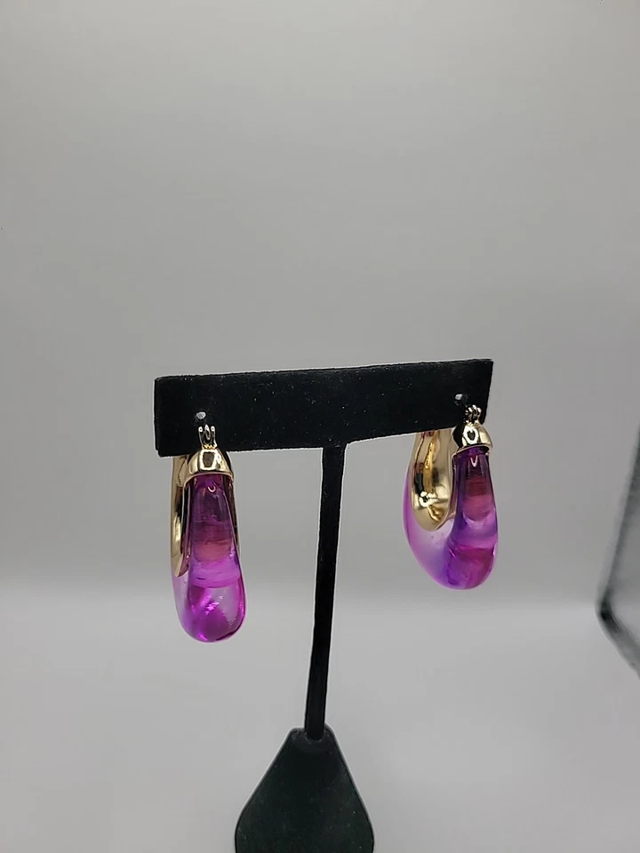 Vintage Earrings Pierced Lever Back Gold Tone Hoops Purple Jewelry Costume - Image 3 of 4