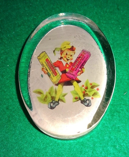 old elf image oval Teaberry chewing gum antique advertising glass paperweight