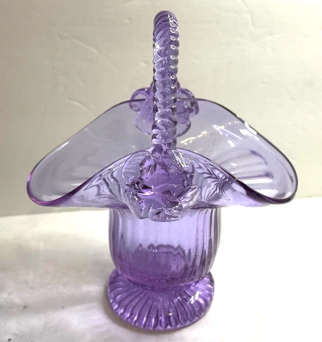 Fenton Amethyst Purple Glass Basket w/ Floral Design - 8” Tall