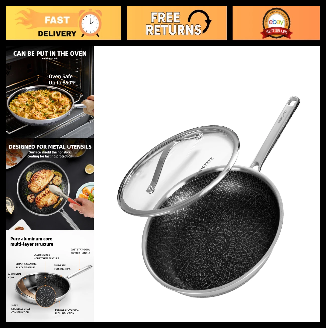 12" Non-Stick Frying Pan with Lid, Hybrid Stainless Steel Skillet, PFOA Free, In